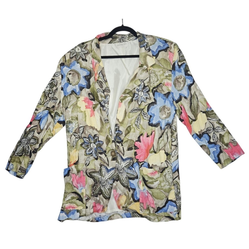 Vintage Ashley Hill Floral Blazer Jacket XL Rayon Linen Look Abstract Print USA